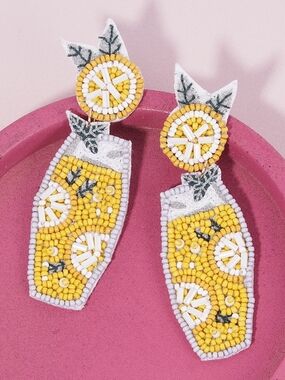 Handmade Beaded Lemon Drop Earrings - Seed Beaded Lemon Cocktail Dangle Post
